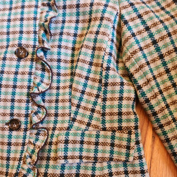 Talbots Brown/Teal Tweed Plaid Ruffled Blazer Elbow Patches Wool Blend Size 12P - Picture 9 of 12